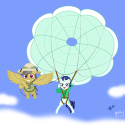 Size: 1500x1500 | Tagged: safe, artist:phallen1, derpibooru exclusive, daring do, rarity, oc, oc:precious jade, g4, alternate color palette, alternate universe, atg 2018, clothes, cloud, daringverse, newbie artist training grounds, parachute, parasailing, pulling, sky, tow line