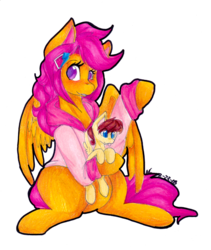 Size: 1280x1518 | Tagged: safe, artist:mscolorsplash, scootaloo, oc, oc:lightning blitz, pegasus, pony, comic:ask motherly scootaloo, g4, baby, baby pony, clothes, female, hairpin, holding a pony, male, mother and son, motherly scootaloo, offspring, older, older scootaloo, parent:rain catcher, parent:scootaloo, parents:catcherloo, simple background, sweatshirt, tongue out, transparent background