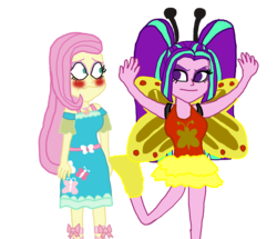 Size: 2200x1895 | Tagged: safe, artist:bigpurplemuppet99, aria blaze, fluttershy, equestria girls, g4, my little pony equestria girls: better together, ariashy, blushing, butterfly wings, clothes, costume, female, lesbian, seductive, shipping, simple background, transparent background