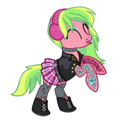 Size: 1158x1226 | Tagged: safe, artist:flipwix, lemon zest, earth pony, pony, equestria girls, g4, my little pony equestria girls: friendship games, belt, bipedal, boots, choker, clothes, commission, cute, ear piercing, earring, equestria girls ponified, eyebrow piercing, eyes closed, eyeshadow, female, headphones, jacket, jewelry, leather, leather jacket, makeup, mare, miniskirt, nose piercing, open mouth, piercing, pleated skirt, ponified, preview, punk, rearing, shoes, simple background, skirt, snake bites, socks, solo, spiked choker, stockings, tattoo, thigh highs, tongue out, tongue piercing, torn clothes, transparent background