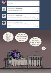 Size: 929x1345 | Tagged: safe, artist:dreamingnoctis, smarty pants, twilight sparkle, pony, ask asylum twilight, g4, bed, female, solo