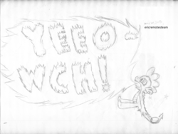 Size: 3393x2550 | Tagged: safe, artist:ericremotesteam, spike, dragon, g4, abuse, cartoon physics, fire, high res, jumping, male, monochrome, pain, pencil drawing, profile, screaming, shout, solo, speech bubble, spikeabuse, tail, tail pull, traditional art