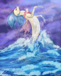 Size: 2262x2830 | Tagged: safe, artist:vinicius040598, princess skystar, seapony (g4), g4, my little pony: the movie, blue eyes, blue mane, cloud, cute, digital art, dorsal fin, eyes closed, female, fin, fin wings, fins, flower, flower in hair, flowing mane, freckles, glowing, high res, jewelry, necklace, ocean, pearl necklace, signature, sky, smiling, solo, splash, water, wings