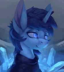 Size: 581x650 | Tagged: safe, artist:rodrigues404, oc, oc only, oc:cerulean chisel, pony, unicorn, animated, bust, cinemagraph, commission, digital art, female, mare, portrait, smiling, snow, snowfall, solo