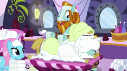 Size: 1280x720 | Tagged: safe, screencap, blossomforth, bulk biceps, lotus blossom, neon lights, nurse tenderheart, rising star, rockhoof, twinkleshine, earth pony, pegasus, pony, unicorn, a rockhoof and a hard place, g4, animated, beard, braid, facial hair, female, freckles, male, mare, massage, moustache, ouch, pain, ponyville, ponyville spa, running away, screaming, sound, stallion, vein, webm