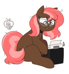 Size: 2400x2600 | Tagged: safe, artist:notenoughapples, oc, oc only, oc:scarlet trace (coffee bean), earth pony, pony, female, glasses, high res, simple background, solo, transparent background, typewriter