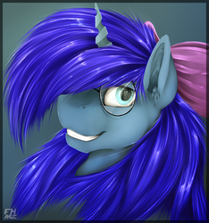Size: 1153x1234 | Tagged: safe, artist:flareheartmz, oc, oc only, oc:save state, pony, unicorn, bowtie, bust, glasses, portrait, smiling, solo