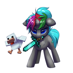 Size: 2000x2000 | Tagged: safe, artist:confetticakez, oc, oc only, oc:diamond sharp, bird, chicken, pony, unicorn, crossover, female, floppy ears, high res, mare, minecraft, mouth hold, ponytail, simple background, solo, sword, video game, weapon, white background