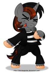 Size: 1600x2296 | Tagged: safe, artist:aleximusprime, oc, oc only, oc:twisty, pony, unicorn, bipedal, elvis presley, eyes closed, jailhouse rock, male, microphone, simple background, singing, solo, transparent background