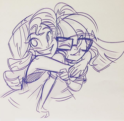 Size: 599x588 | Tagged: safe, artist:katrina hadley, artist:lunchie, sci-twi, sunset shimmer, twilight sparkle, human, equestria girls, g4, official, cute, duo, female, glasses, hug, humanized, monochrome, official fan art, shimmerbetes, simple background, sleeveless, traditional art, twiabetes, white background