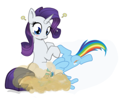 Size: 1651x1347 | Tagged: safe, artist:oddwarg, edit, rainbow dash, rarity, pegasus, pony, unicorn, g4, accident, duo, dust, dust cloud, embarrassed, faceful of ass, facesitting, female, mare, misleading thumbnail, not a fart, question mark, simple background, white background
