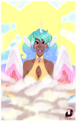 Size: 1835x2898 | Tagged: safe, artist:djspark3, princess celestia, human, g4, clothes, dark skin, eared humanization, female, horn, horned humanization, humanized, smiling, solo