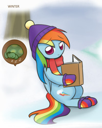 Size: 860x1080 | Tagged: safe, artist:howxu, rainbow dash, tank, pegasus, pony, g4, tanks for the memories, book, clothes, cute, socks, solo focus, winter