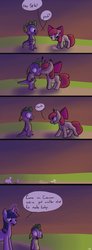 Size: 600x1627 | Tagged: safe, artist:tigs, apple bloom, spike, twilight sparkle, dragon, pony, g4, artifact, blushing, cheek kiss, comic, female, filly, kissing, male, mare, ship:spikebloom, shipping, straight, wide eyes