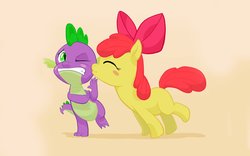 Size: 2560x1600 | Tagged: safe, artist:jakneurotic, edit, apple bloom, spike, dragon, earth pony, pony, g4, female, filly, foal, interspecies, kissing, male, ship:spikebloom, shipping, straight, wallpaper, wallpaper edit