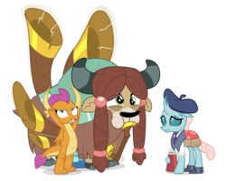 Size: 1000x800 | Tagged: safe, artist:dm29, ocellus, smolder, yona, changedling, changeling, dragon, yak, g4, yakity-sax, beret, boots, braid, clothes, cloven hooves, covering ears, dragoness, female, hat, megaphone, musical instrument, puffy cheeks, shoes, simple background, the story so far of season 8, transparent background, trio, yovidaphone