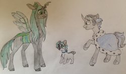 Size: 1023x605 | Tagged: safe, artist:doodletheexpoodle, king sombra, queen chrysalis, changepony, hybrid, g4, family, female, good king sombra, interspecies offspring, male, offspring, parent:king sombra, parent:queen chrysalis, parents:chrysombra, ship:chrysombra, shipping, straight, traditional art
