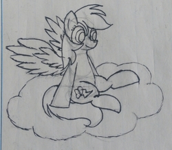 Size: 2368x2061 | Tagged: safe, artist:twinblade edge, rainbow dash, pony, g4, cloud, female, high res, monochrome, sitting, smiling, solo, spread legs, spread wings, spreading, traditional art, wings