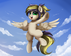 Size: 3030x2400 | Tagged: safe, artist:pridark, oc, oc only, oc:clear sky, pegasus, pony, cloud, commission, cute, female, flying, green eyes, high res, open mouth, sky, solo, underhoof