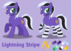 Size: 1100x800 | Tagged: safe, artist:lightning stripe, derpibooru exclusive, oc, oc only, oc:lightning stripe, earth pony, pony, g4, black and white mane, clothes, female, green eyes, grin, mare, purple, purple background, reference sheet, show accurate, simple background, smiling, socks, solo, striped socks, stripes