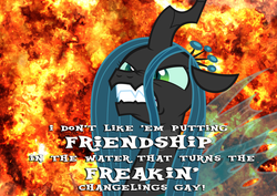 Size: 4961x3508 | Tagged: artist needed, safe, artist:blackjack42, edit, queen chrysalis, changeling, changeling queen, g4, alex jones, angry, caption, explosion, fire, image macro, meme, vector