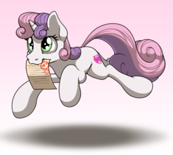 Size: 2000x1800 | Tagged: safe, artist:ohemo, sweetie belle, pony, unicorn, g4, a+, atg 2018, cutie mark, female, filly, foal, grades, gradient background, leaping, mouth hold, newbie artist training grounds, paper, report card, solo, the cmc's cutie marks, trotting