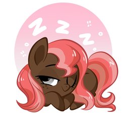 Size: 1536x1536 | Tagged: safe, artist:oofycolorful, oc, oc only, oc:scarlet trace (coffee bean), pony, chibi, female, looking at you, mare, simple background, sleeping, solo, white background, zzz