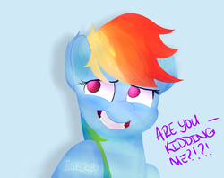 Size: 6300x5000 | Tagged: safe, alternate version, artist:illuscribo, rainbow dash, pony, g4, my little pony: the movie, absurd resolution, cute, dialogue, element of loyalty, female, implied twilight sparkle, nervous smile, offscreen character, oops, sheepish grin, solo