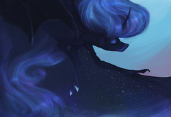 Size: 3500x2407 | Tagged: safe, artist:eugenchen, nightmare moon, alicorn, pony, g4, abstract background, bat wings, curved horn, eyes closed, female, flying, freckles, high res, horn, long hair, mare, solo, stars, wing claws