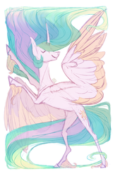 Size: 1098x1680 | Tagged: safe, artist:eugenchen, princess celestia, pony, g4, horse play, bipedal, charades, colored wings, curved horn, cutie mark, eyes closed, female, horn, rearing, simple background, smiling, solo, spread wings, unshorn fetlocks, white background, wings