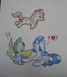 Size: 1061x1223 | Tagged: safe, artist:hillbe, rarity, spike, dragon, kirin, pony, unicorn, g4, exclamation point, female, heart, male, question mark, ship:sparity, shipping, straight, traditional art, wings