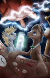 Size: 900x1397 | Tagged: safe, artist:phiktorial, derpy hooves, doctor whooves, time turner, earth pony, pony, g4, duo, electricity, female, looking up, male, mare, science, stallion, static electricity