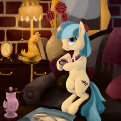 Size: 1000x1000 | Tagged: safe, artist:phiktorial, coco pommel, earth pony, pony, g4, couch, cutie mark, female, food, indoors, looking at you, mare, sitting, smiling, solo, tea