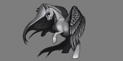 Size: 6600x3263 | Tagged: safe, artist:splatterpaint-donkey, pegasus, pony, female, gray background, grayscale, looking at you, mare, monochrome, rearing, simple background, smiling, solo, spread wings, windswept mane, wings