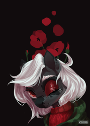 Size: 1771x2480 | Tagged: safe, artist:domidelance, oc, oc only, pony, black background, clothes, coat markings, dappled, eyeshadow, flower, looking at you, makeup, one eye closed, poppy, simple background, solo, sweater, white hair, wink