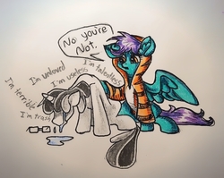 Size: 1275x1013 | Tagged: safe, artist:smirk, oc, oc only, oc:quillian inkheart, pegasus, pony, unicorn, clothes, comfort, crying, depressed, dialogue, glasses, hoodie, self loathing, traditional art