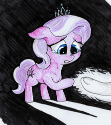 Size: 582x653 | Tagged: safe, artist:t72b, derpibooru exclusive, diamond tiara, sweetie belle, g4, darkness, hope, light in the dark, misleading thumbnail, nervous, newbie artist training grounds, sad, teary eyes, traditional art