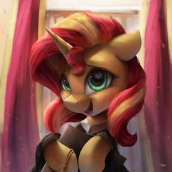 Size: 3000x3000 | Tagged: safe, artist:vanillaghosties, sunset shimmer, pony, unicorn, g4, atg 2018, clothes, cute, female, graduation, graduation cap, happy, hat, high res, mare, newbie artist training grounds, open mouth, shimmerbetes, solo