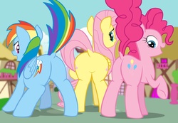 Size: 2181x1512 | Tagged: safe, artist:succubi samus, fluttershy, pinkie pie, rainbow dash, earth pony, pegasus, pony, g4, balloon, balloonbutt, butt, cutie mark, dock, featureless crotch, female, flutterbutt, looking back, mare, plot, ponyville, presenting, rainbutt dash, raised hoof, raised tail, rear view, show accurate, smiling, tail, tail aside, wallpaper