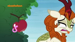 Size: 1920x1080 | Tagged: safe, screencap, autumn blaze, kirin, worm, g4, sounds of silence, a kirin tale, apple, disgusted, eww, female, food, solo, tongue out, worm in apple