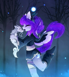 Size: 1402x1550 | Tagged: safe, artist:magnaluna, princess luna, oc, oc:zefiroth, alicorn, anthro, g4, clothes, cute, eyes closed, female, night, open mouth, outdoors