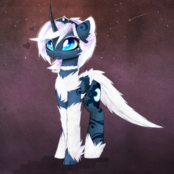 Size: 2341x2339 | Tagged: safe, artist:magnaluna, princess luna, alicorn, pony, :p, alternate design, alternate universe, chest fluff, curved horn, cute, female, floppy ears, fluffy, fur, heart, lunabetes, mare, paws, smiling, solo, space, species swap, stars, tongue out