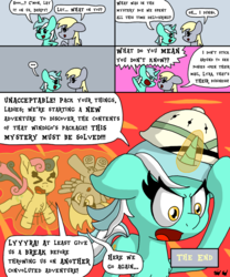 Size: 1000x1200 | Tagged: safe, artist:bjdazzle, bon bon, derpy hooves, lyra heartstrings, sweetie drops, earth pony, pegasus, pony, unicorn, comic:accidental transit guardians, g4, ..., angry, atg 2018, chibi, comic, curious, determined, female, flailing, furious, hat, here we go again, implied windigo, levitation, magic, mare, newbie artist training grounds, nudging, pith helmet, telekinesis, the end, unacceptable, worried, yelling