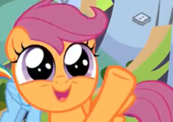Size: 1022x720 | Tagged: safe, screencap, scootaloo, pegasus, pony, g4, the washouts (episode), cropped, cute, cutealoo, female, filly, open mouth, raised hoof, wide eyes