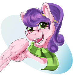 Size: 2880x2950 | Tagged: safe, artist:firimil, oc, oc only, oc:bookish delight, pegasus, pony, bust, clothes, digital art, female, gift art, glasses, high res, looking at you, mare, open mouth, purple hair, purple mane, scarf, simple background, smiling, solo, transparent background