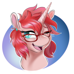 Size: 2880x2880 | Tagged: safe, artist:firimil, oc, oc only, oc:rose quill, pony, unicorn, bust, commission, digital art, female, glasses, high res, looking at you, mare, one eye closed, red hair, red mane, simple background, solo, transparent background, wink