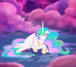 Size: 1806x1592 | Tagged: safe, artist:light262, artist:lummh, princess celestia, alicorn, pony, comic:timey wimey, g4, comic, cropped, dust, female, floppy ears, frown, hoof shoes, looking at you, mare, solo, spread wings, wide eyes, wings