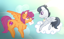 Size: 936x578 | Tagged: safe, artist:leanne264, rumble, scootaloo, pegasus, pony, g4, cloud, ear piercing, female, flying, letter, male, mouth hold, older, piercing, prone, scootaloo can fly, ship:rumbloo, shipping, straight