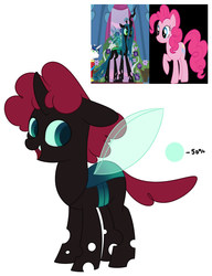 Size: 777x1011 | Tagged: safe, artist:thehaywaiianhorse, pinkie pie, queen chrysalis, oc, changepony, hybrid, g4, female, interspecies offspring, magical lesbian spawn, offspring, parent:pinkie pie, parent:queen chrysalis, parents:chryssie pie