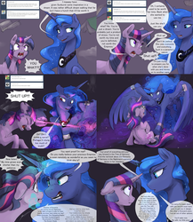 Size: 2557x2947 | Tagged: safe, artist:silfoe, princess luna, twilight sparkle, alicorn, pony, unicorn, moonsetmlp, g4, alternate timeline, alternate universe, angry, angry eyes, chains, comic, crying, debate in the comments, dialogue, dream, dream walker luna, female, floppy ears, high res, horse teeth, implied chrysalis, implied discord, implied king sombra, implied lord tirek, implied pony of shadows, mare, open mouth, speech bubble, unicorn twilight